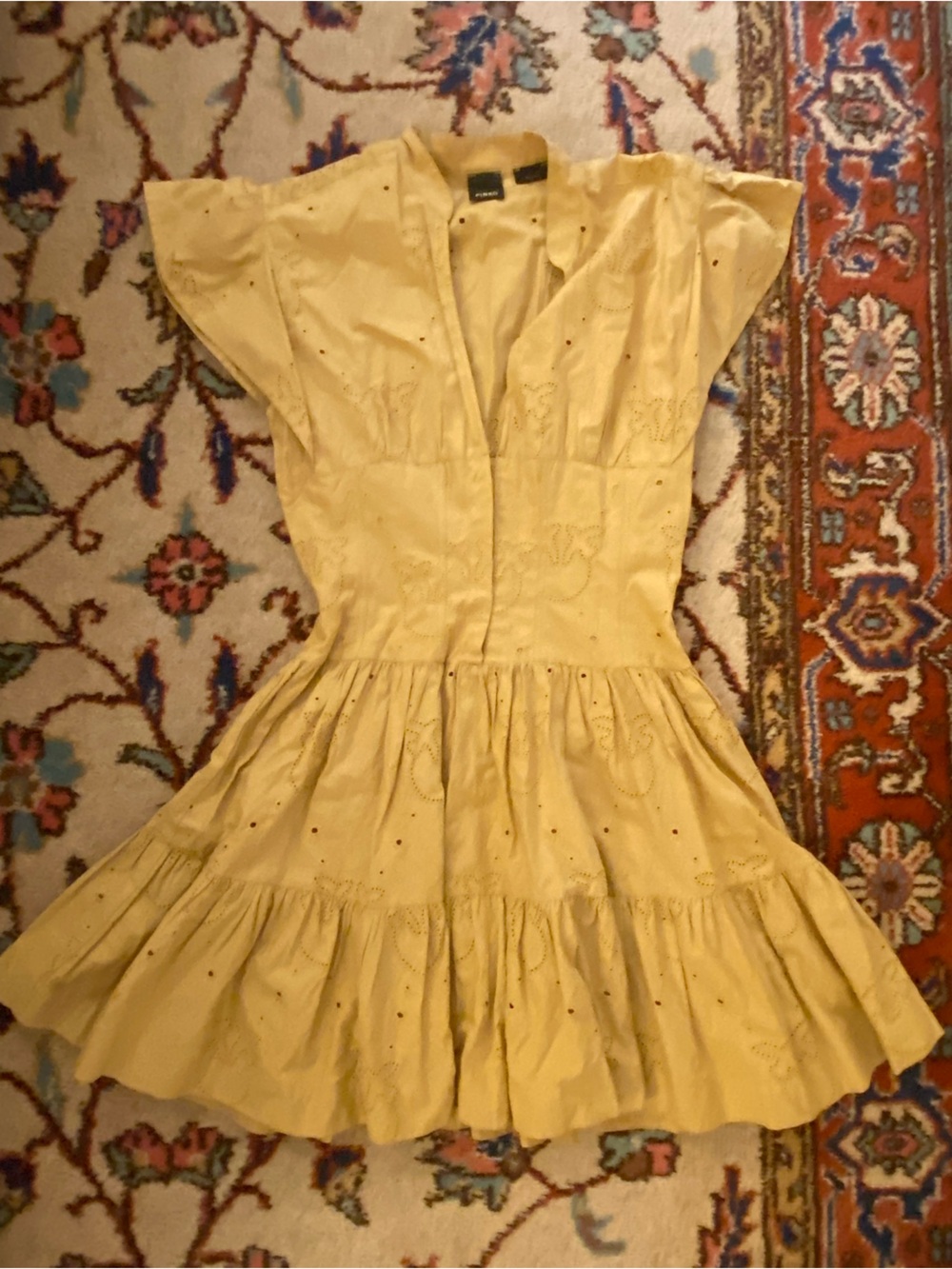 Pinko eyelet Mustard Yellow Corset Fit & Flare Mini Dress Size 2